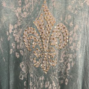 Vocal small shirt. Blueish Grey, purple, black and cool hem line